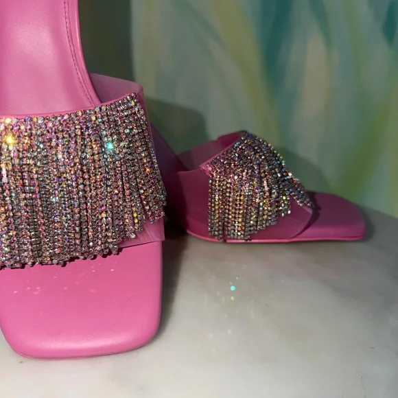 Cult Gaia Elegant Pink Heeled Mules with Rhinestone Fringe - Picture 7 of 9